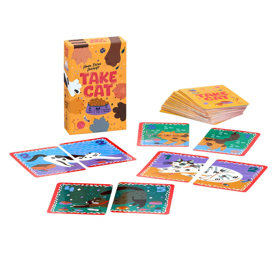 Take Cat game with box and scattered game cards on white background
