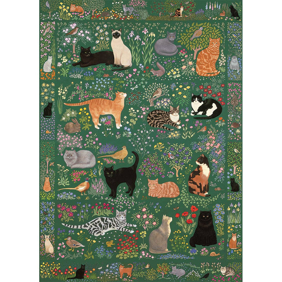 Patterned fabric with cats and flowers on a green background