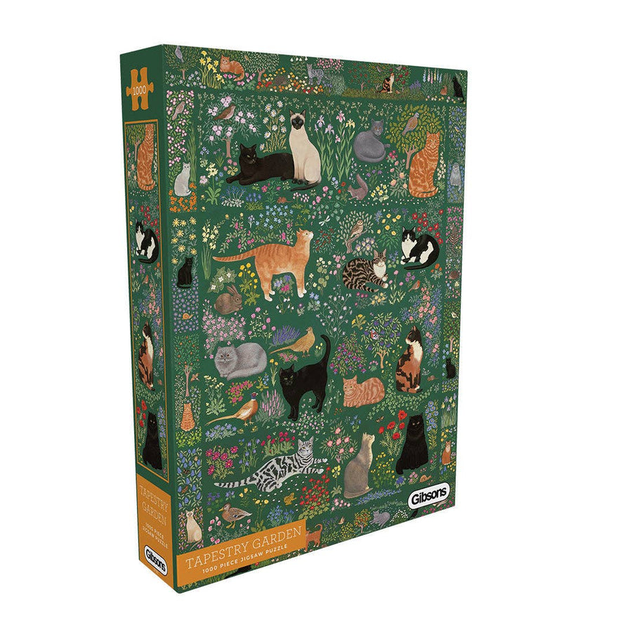 A 1000-piece jigsaw puzzle box by Gibbons titled 'Tapestry Garden'. The box features a detailed, colorful illustration of various cats in a lush green garden with flowers.