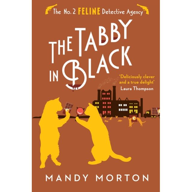 Book cover of 'The Tabby in Black' by Mandy Morton with two ginger cats and a cityscape illustration. No 2 Feline Detective Agency title
