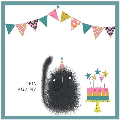 This Again birthday card featuring black cat with a cake