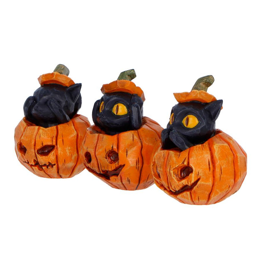 Three Halloween-themed cat figurines inside pumpkins on a white background