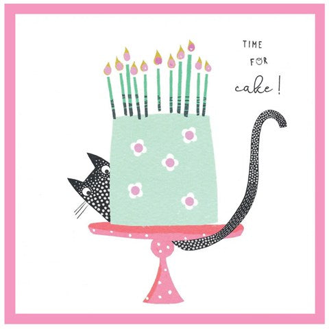Time for cake card featuring a black and white cat with large cake and candles