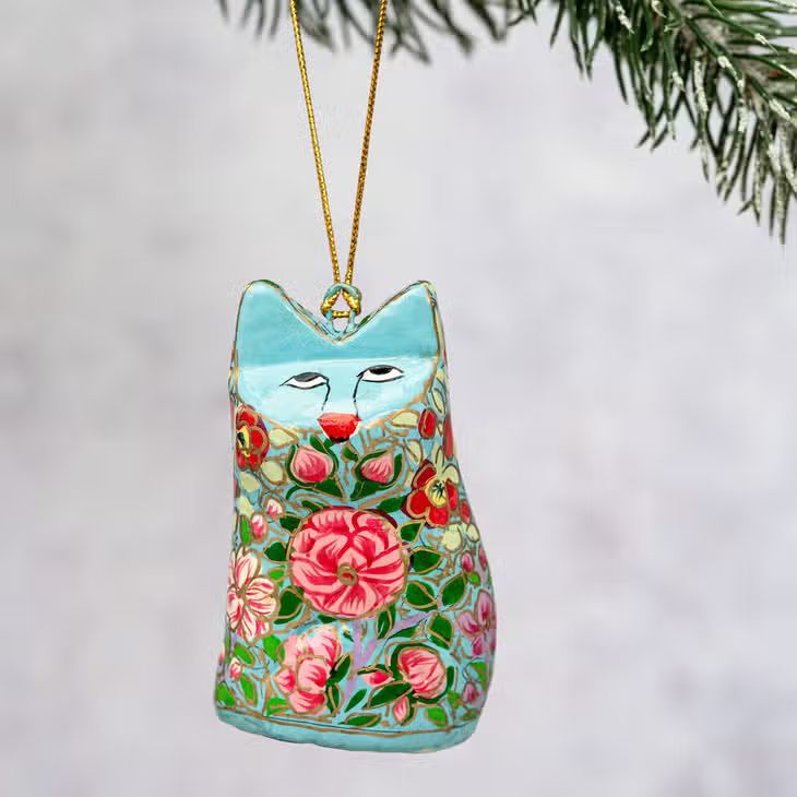 Fair Trade Painted Cat Decoration, Aqua Floral