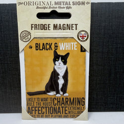 A packaged fridge magnet featuring a black and white cat illustration on a mustard yellow background. The card reads 'FRIDGE MAGNET' and 'BLACK & WHITE' 