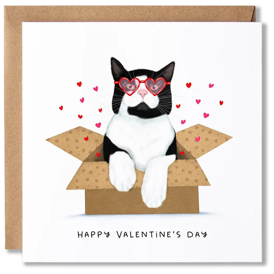 Tuxedo Cat Heart Glasses Valentines Card