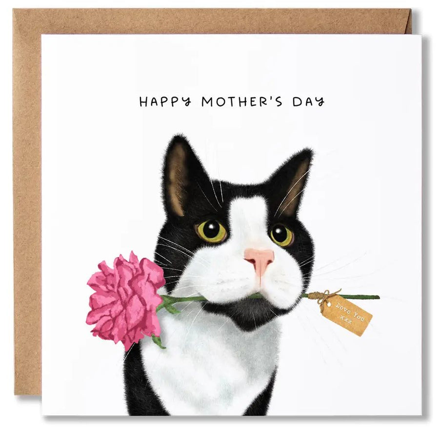 Tuxedo Cat Pink Rose Mother's Day Card