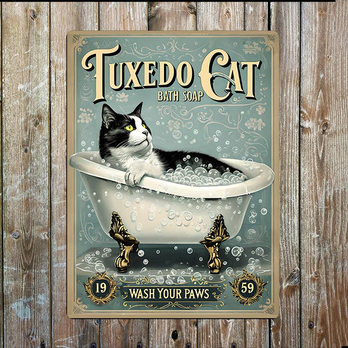 Tuxedo Cat Wash Your Paws Metal Sign