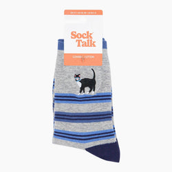Packaged sock with a cat design on a white background