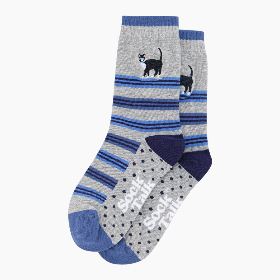 Grey socks with blue stripes and cat design on a white background
