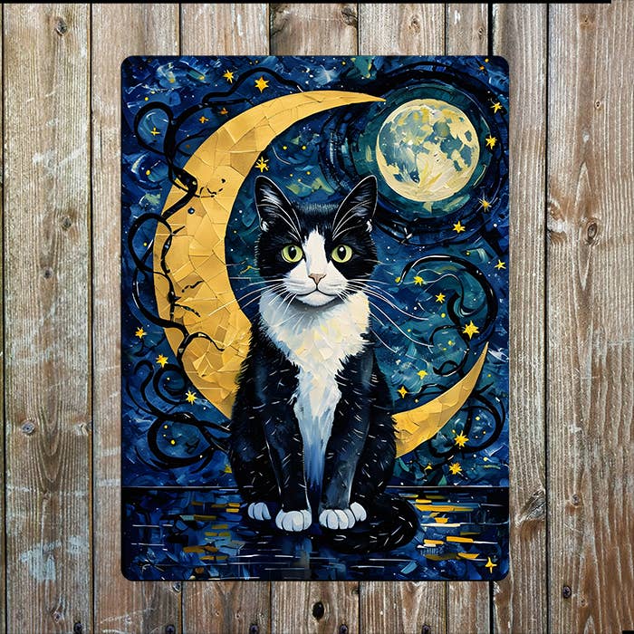 Tuxedo Cat and Crescent Moon Metal Sign