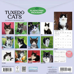 Tuxedo Cats calendar with images of black and white cats and plastic-free packaging label.