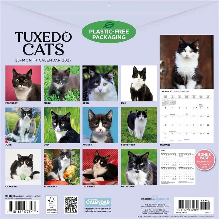 Tuxedo Cats calendar with images of black and white cats and plastic-free packaging label.