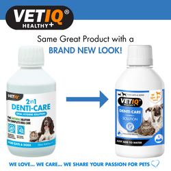 VETIQ Healthy+ 2 in 1 Denti-Care oral hygiene solution bottles shown side by side with a blue arrow between them, on a white background with the VETIQ brand logo at the top.