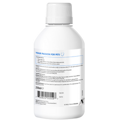 Back of Denti-care bottle with instructions, 250ml size and Your Passion for Pets written on a bottle label