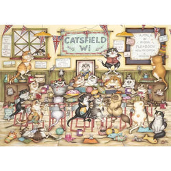 A whimsical illustrated scene of many cats gathered in a tea room, with a large sign reading 'CATSFIELD Wi'