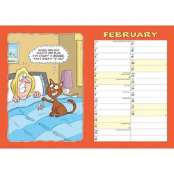 February page from 2027 Wacky world of cats calendar with a cartoon illustration of a cat on a ladies bed