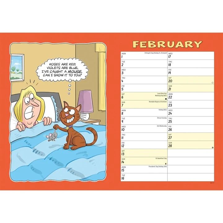 February page from 2027 Wacky world of cats calendar with a cartoon illustration of a cat on a ladies bed