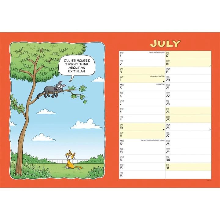 Wacky world of cat s calendar page for July 2027 showing a cat cartoon plus space to note daily engagements