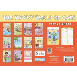 Back cover of 2027 calendar titled 'The Wacky World of Cats' with cartoon cat illustrations on a yellow and orange background.
