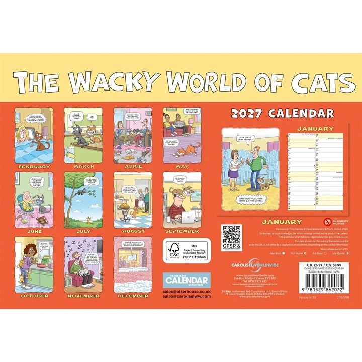 Back cover of 2027 calendar titled 'The Wacky World of Cats' with cartoon cat illustrations on a yellow and orange background.