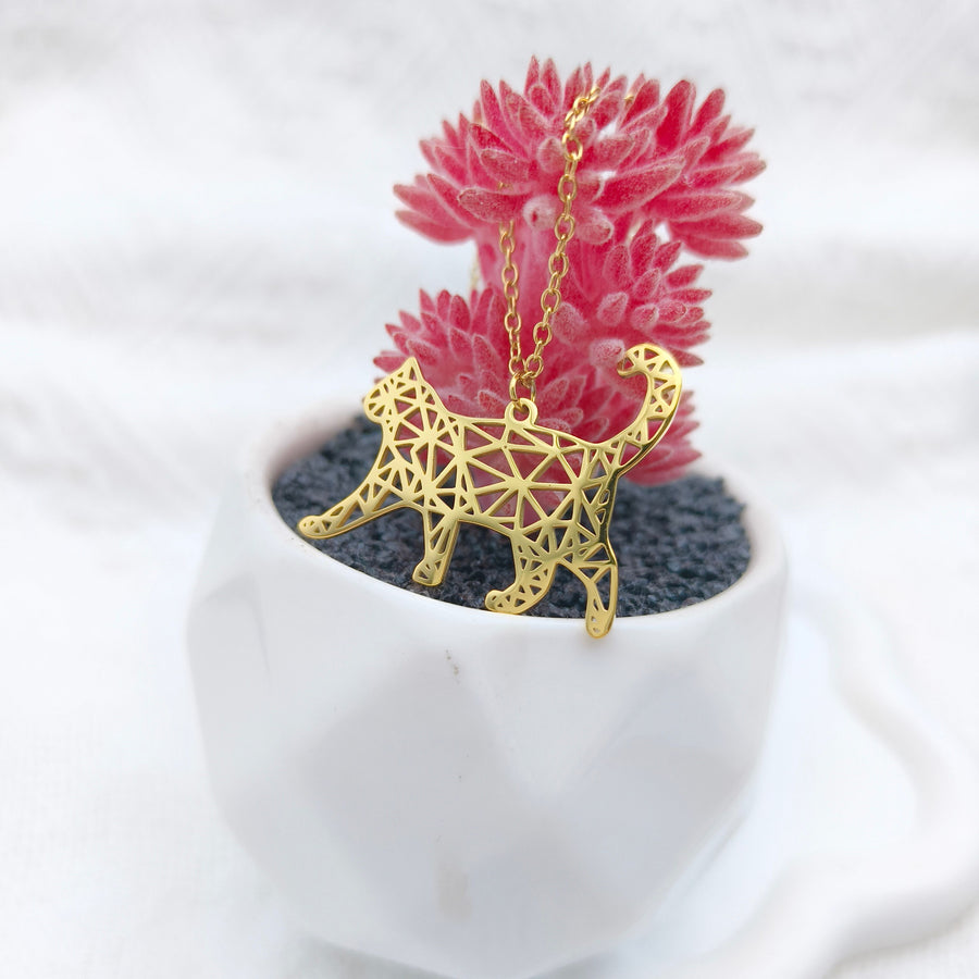 Gold Geometric Walking Cat Pendant