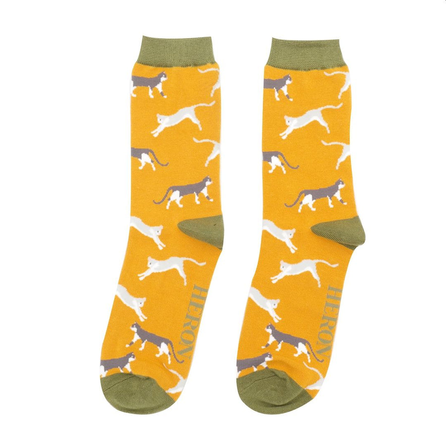 Wandering Cats Socks, UK 7-11 Mustard