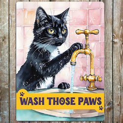 A rectangular sign featuring an illustrated black-and-white cat washing its paws at a brass tap, with the text 'WASH THOSE PAWS'