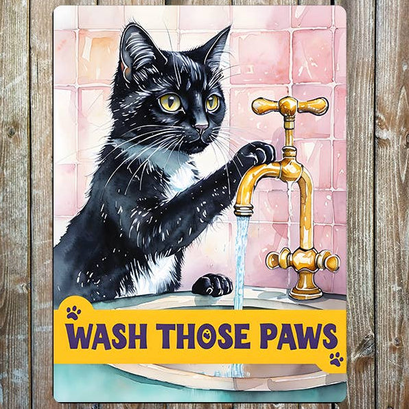 A rectangular sign featuring an illustrated black-and-white cat washing its paws at a brass tap, with the text 'WASH THOSE PAWS'