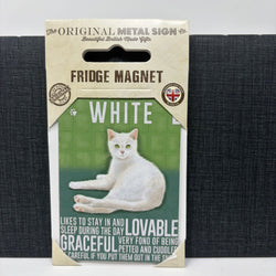 A packaged fridge magnet by The Original Metal Sign Co. The magnet is labeled 'WHITE' with a photo of a white cat on a green background