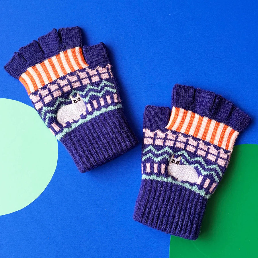White Cat Embroidered Fingerless Gloves