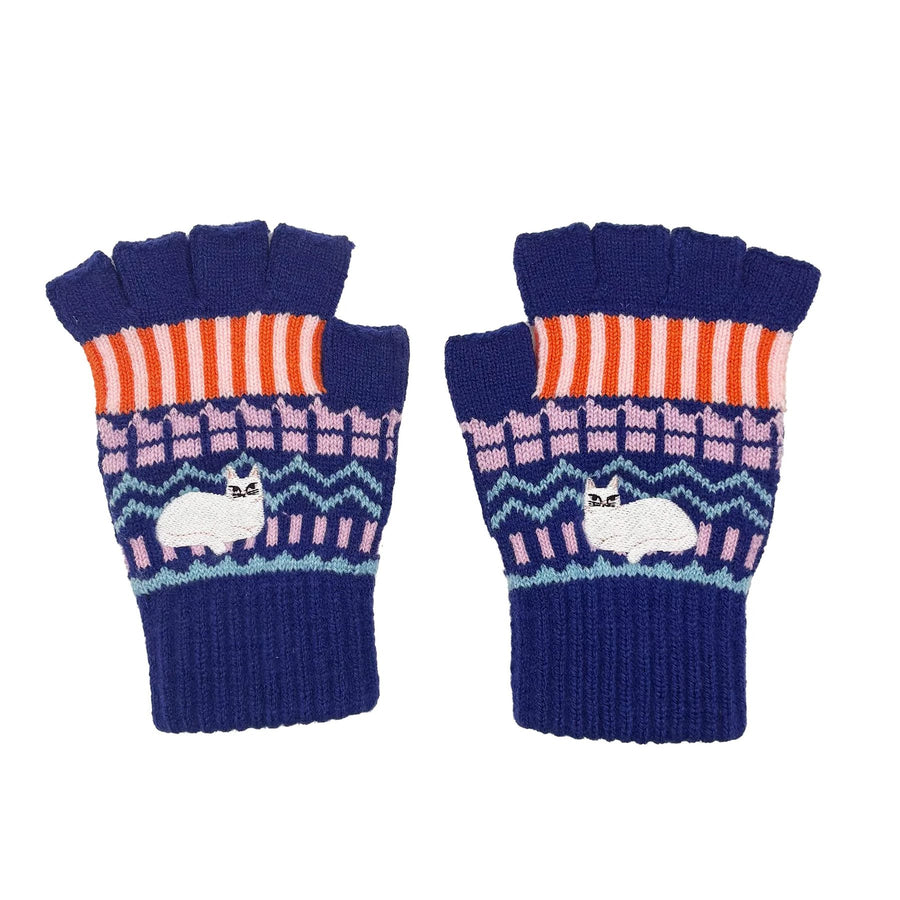 White Cat Embroidered Fingerless Gloves
