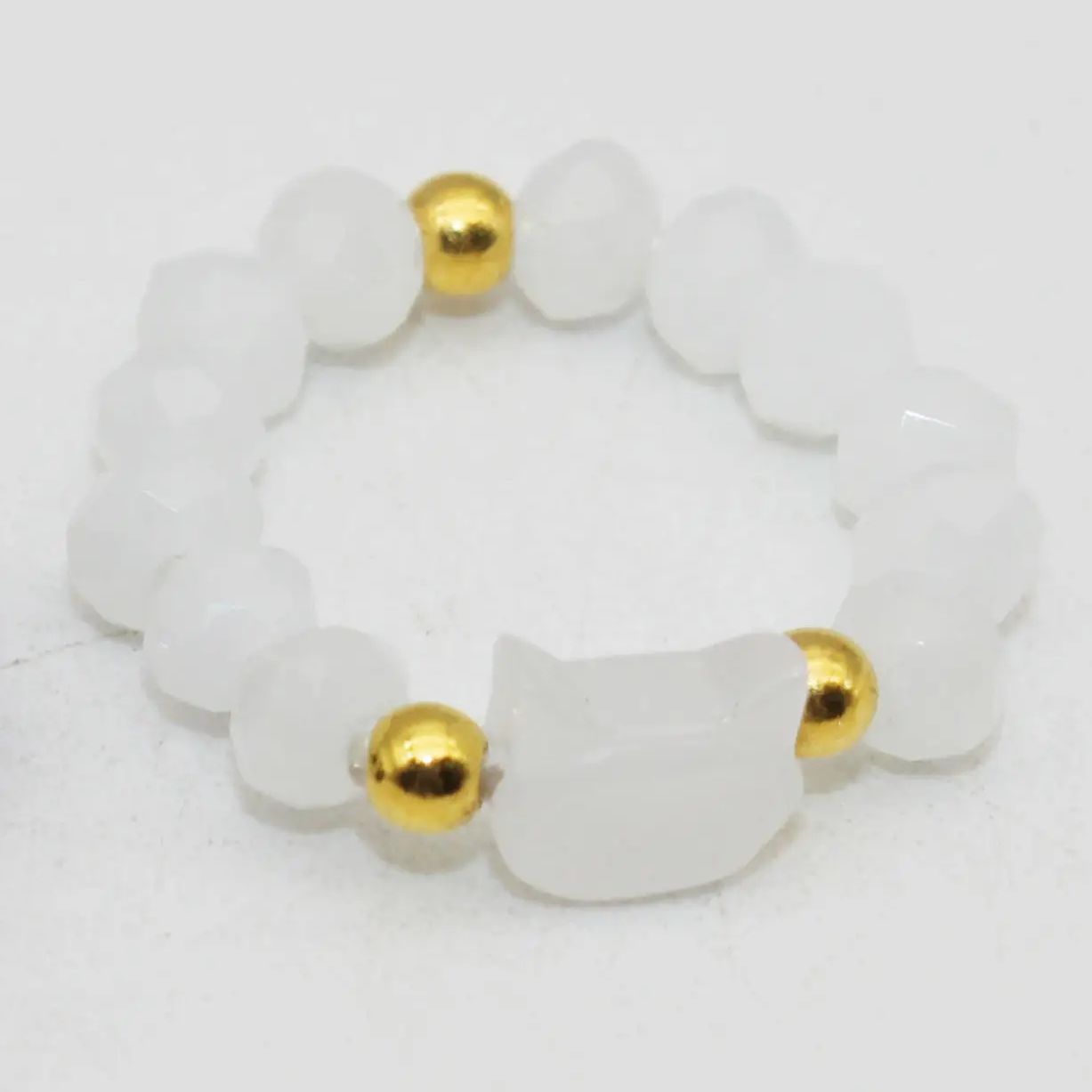Cat Head White Beaded Stretch Ring