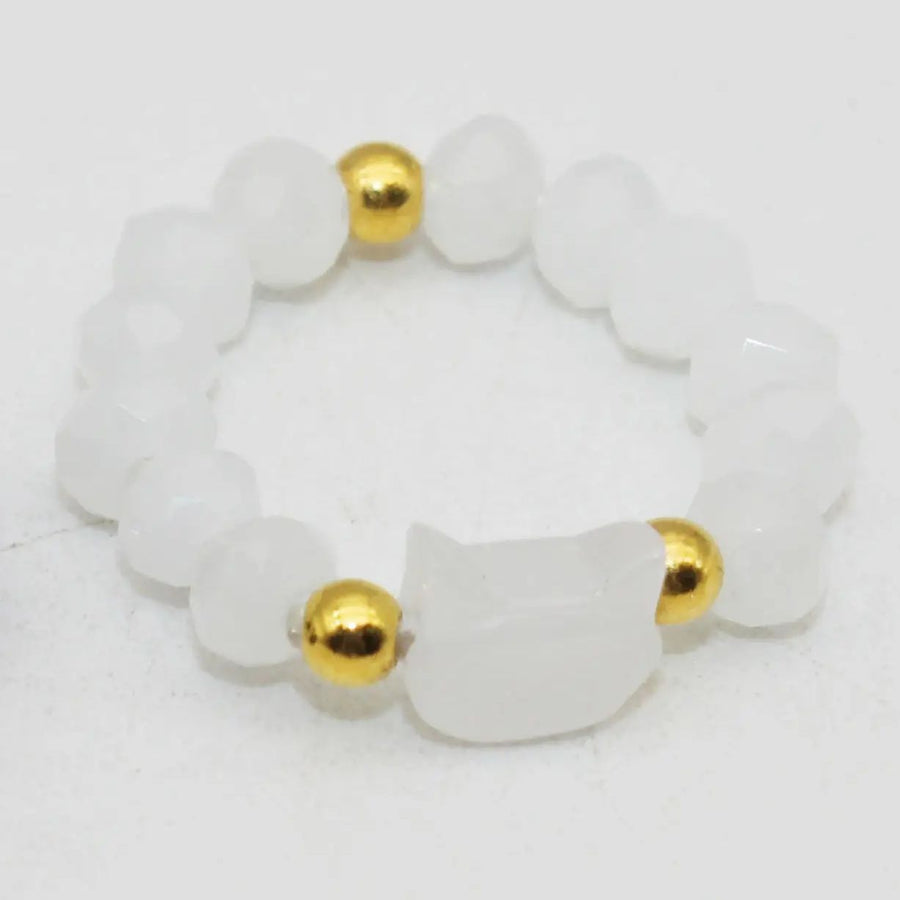 Cat Head White Beaded Stretch Ring