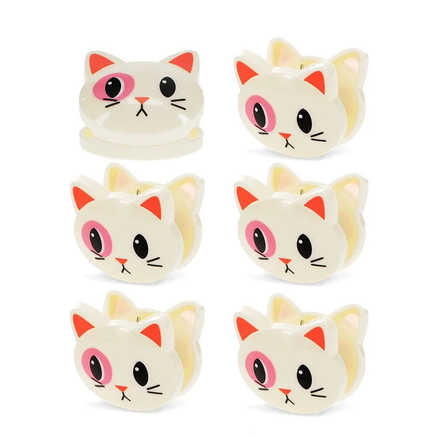 Set of six cartoon cat-shaped clips on a white background