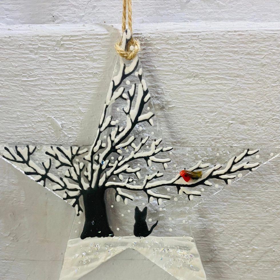 Winter Cat Hanging Glass Star