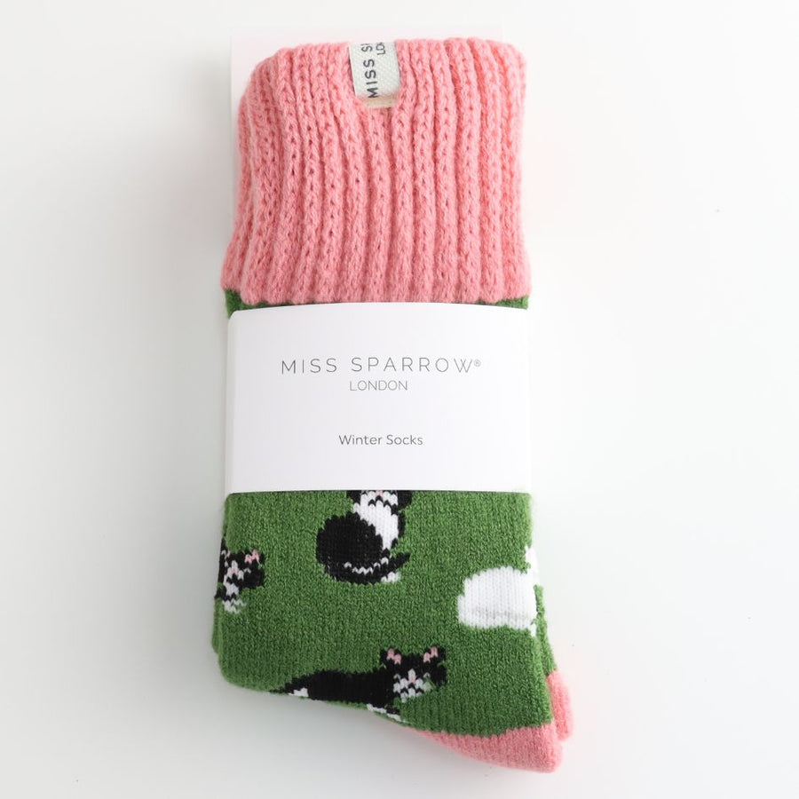 Winter Tuxedo Cat Socks UK 3-7, Green