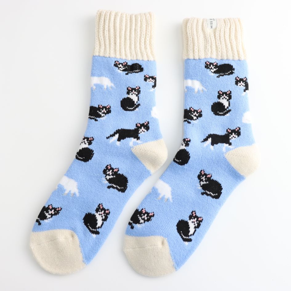 Winter Tuxedo Cat Socks UK 3-7, Powder Blue