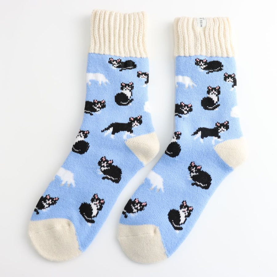 Winter Tuxedo Cat Socks UK 3-7, Powder Blue