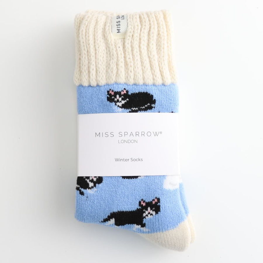Winter Tuxedo Cat Socks UK 3-7, Powder Blue