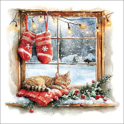 Pack of napkins featuring a ginger Cat sleeping on a windowsill with Christmas decorations and stockings.