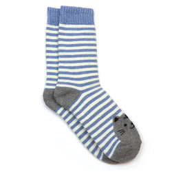 A pair of striped crew socks with blue and white horizontal stripes, grey heels and toes, and a small embroidered cat face