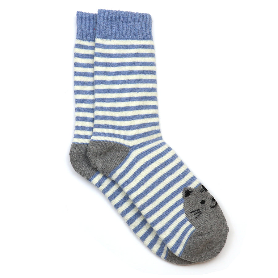 A pair of striped crew socks with blue and white horizontal stripes, grey heels and toes, and a small embroidered cat face