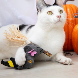 A white cat with black patches lies on a light wood floor holding a small plush bat toy. The toy is dark grey with a pink bow, yellow and black accents, and a straw-coloured broom handle.
