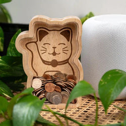 Lucky Cat Wooden Money Bank