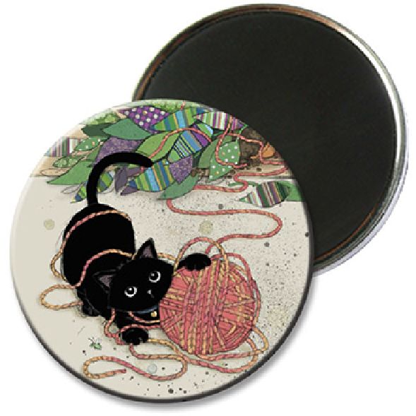 Black Kitty Fridge Magnet Kitten with pink wool