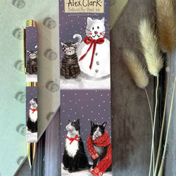 Pen decorated with a black and white tuxedo cat and a tabby cat next to its similarly decorated gift box