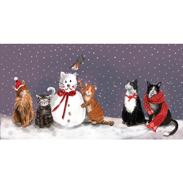 Illustration of cats around a snowman with a robin on a snowy background