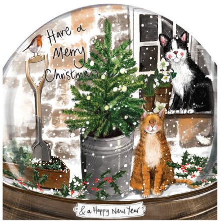 Christmas-themed snow globe greetings card with cats, tree, and festive elements.