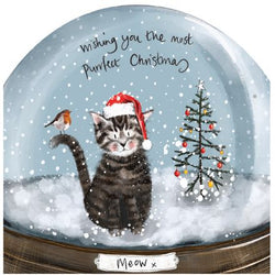 Illustration of a tabby cat with santa hat in a snow globe with Christmas elements and text.